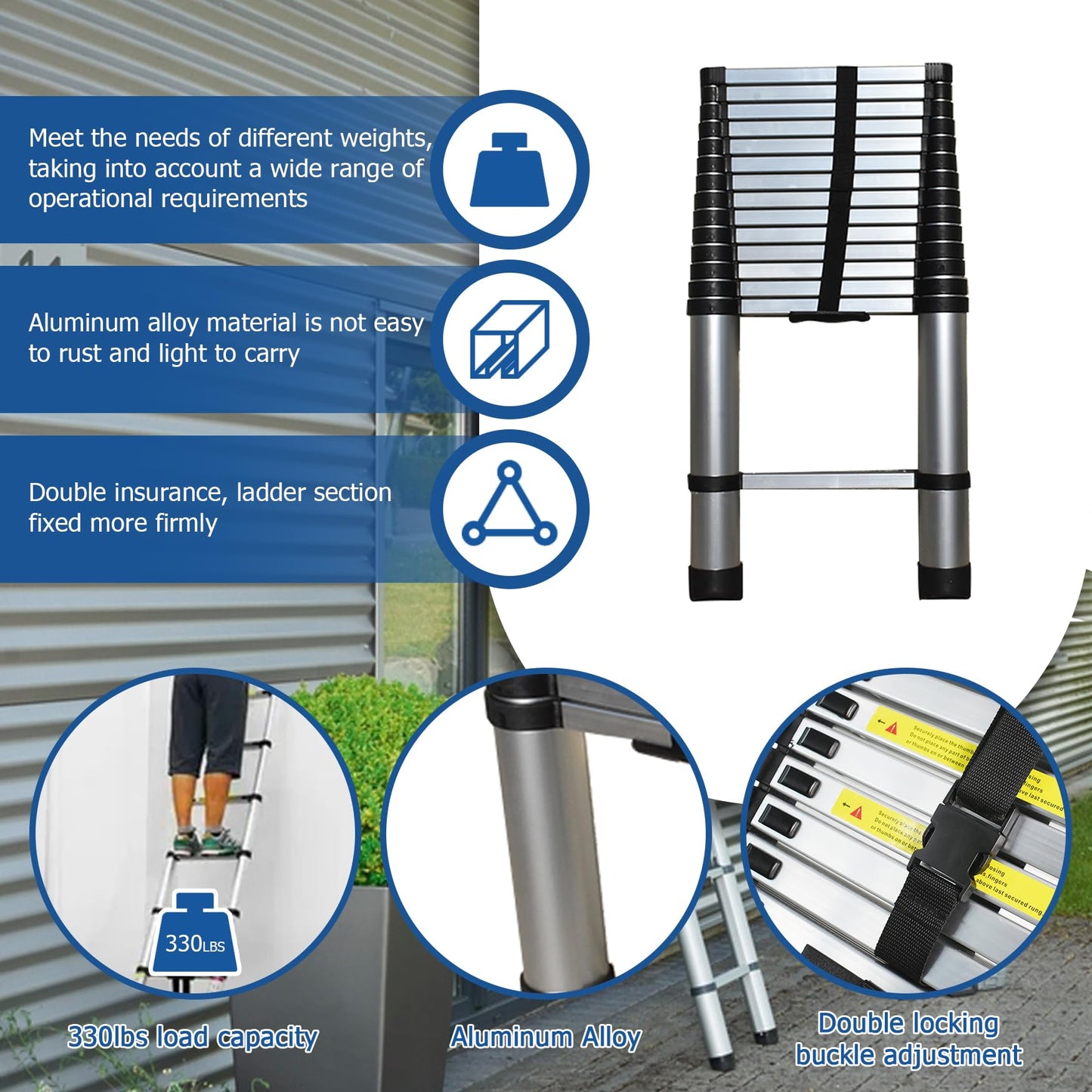 WFLNHB 14.5 FT Telescoping Ladder One Button Retraction Aluminum Extension Ladder Collapsible Suitable for Outdoor or Indoor