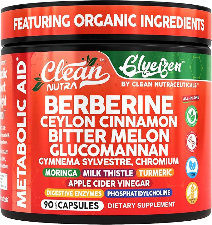 Clean Nutra Berberine and Ceylon Cinnamon Supplement Bitter Melon Glucomannan Gymnema Sylvestre Chromium Moringa Milk Thistle Turmeric Apple Cider Vinegar Digestive Enzymes Inositol Pills 90 Capsules
