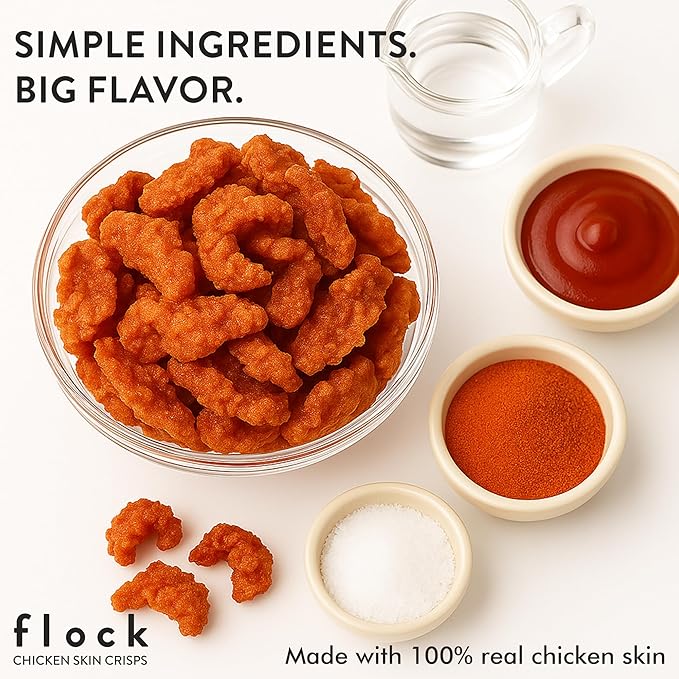 Flock Keto Chicken Skin Chips | Hattie Bs Nashville Hot Flavor | Keto Friendly, Low Carb, High Protein, Flavor Packed, Gluten Free Single Serve Snack | (2.5oz) 4-Pack