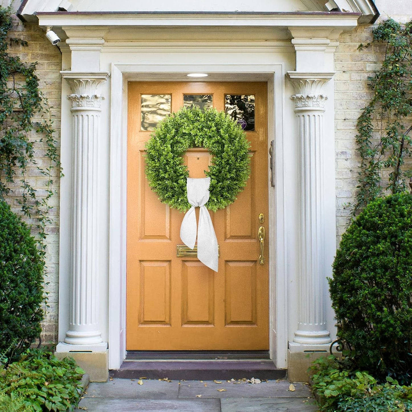 Vlorart 20" Faux Round Boxwood Wreath - Large Artificial Greenery with Plaid Bow for Door & Wedding Decor
