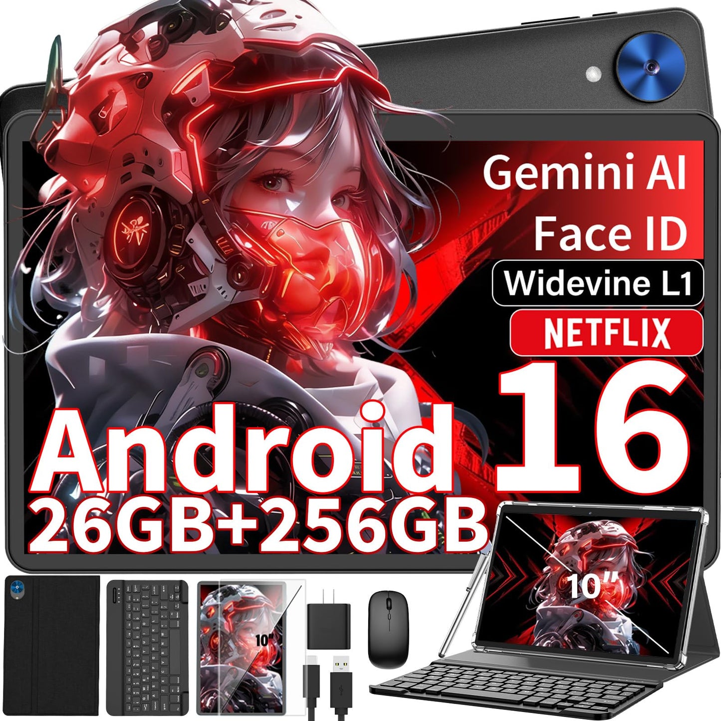 Android tablet, 2026 10 inch Android 16 tablet with keyboard, 26GB+256GB+2TB Expand, AI Tablet with Gemini, 8-Core, 8000mAh, 5G WiFi, GPS, GMS, Electronics Tablets with Case/Mouse/Stylus(Black Case)