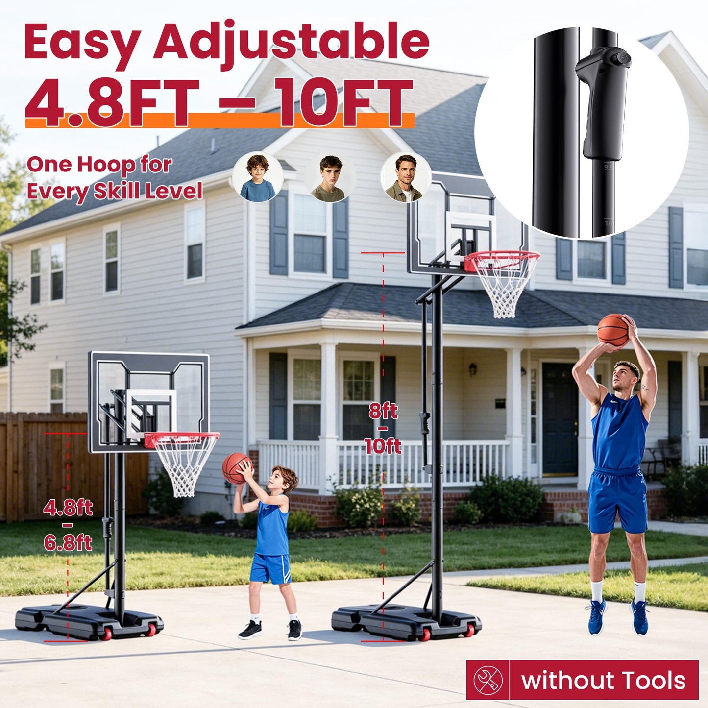 Feelwin Basketball Hoop for Kids Youth Adults, Portable Adjustable Height Basketball Goal with Wheels for Driveway Backyard Outdoor Play