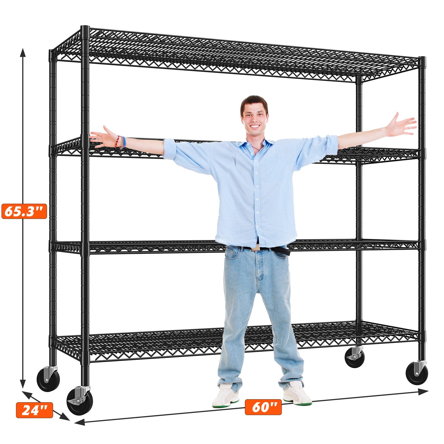REIBII 60" W Storage Shelves 2878LBS Metal Shelving Unit with Wheels Heavy Duty Garage Shelving Adjustable Wire Shelves for Pantry,Kitchen,Garage,Basement,Business,Warehouse,School,60”W ×24”D×65.3”H