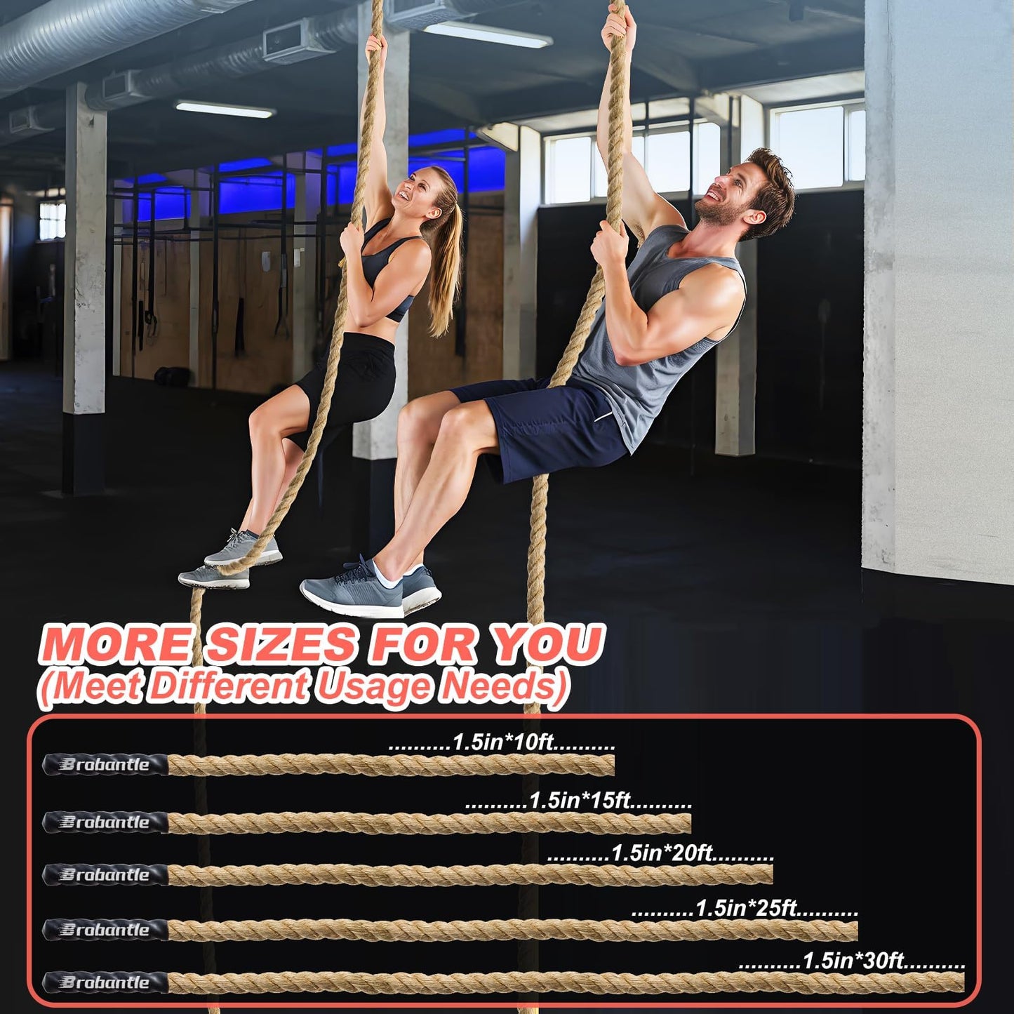 Brobantle Climbing Rope Gym Workout - 1.5 Inch Diameter 40FT Heavy Duty Thick Rope Work Out Exercise Ropes for Adults Home Indoor & Outdoor Fitness and Strength Training