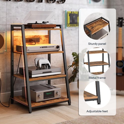 HOOBRO 4-Tier AV Media Stand with Charging Station and LED Light, Wooden Stereo Cabinet, Game Console Stand, Media Audio Rack, Record Player, Entertainment Center, Rustic Brown and Black BF106UDCJ01