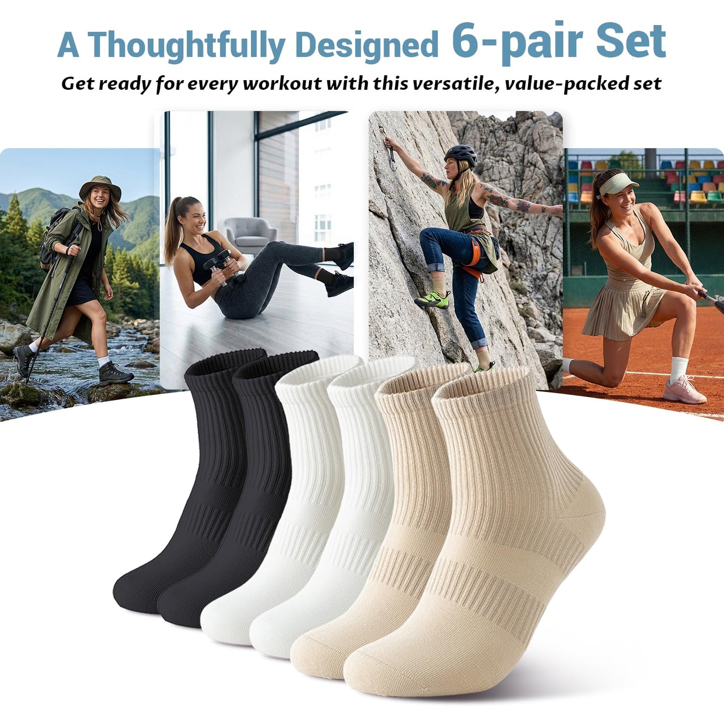 Arch Compression Athletic Socks - 6 Pairs for Women, Moisture Wicking with 95% Cotton, Seamless Toe for Secure Fit