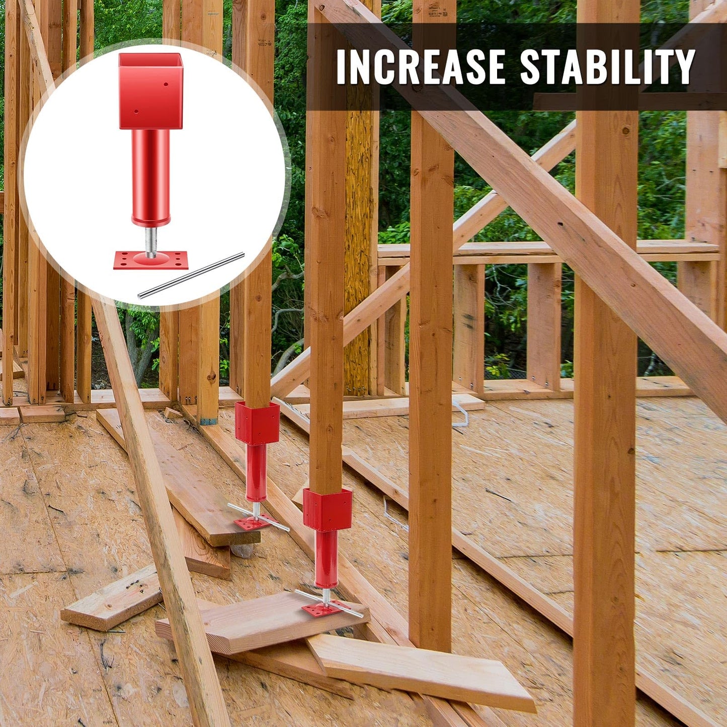 Lasnten 4 Pcs 4.5" X 4.5" Screw Jack Post 14.5" - 18.5" Height Range 24700 lbs Load Capacity Adjustable Temporary House Jacks for Leveling Flooring Basement Shore Beams Foundation Repair (Red)
