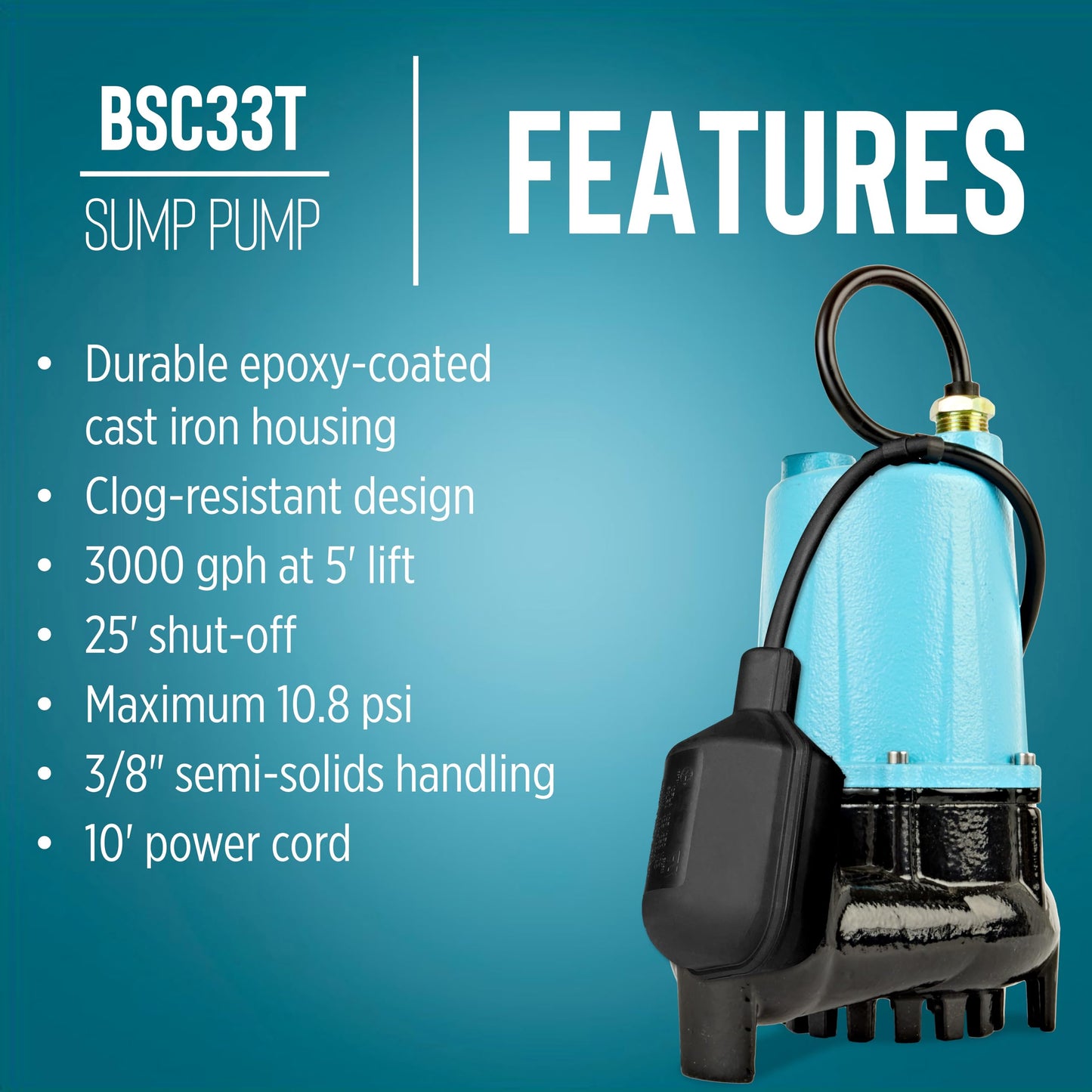 Little Giant BSC33T 1/3 HP, 115 Volt, 3000 GPH Automatic Submersible Cast Iron Sump/Effluent Pump with Piggy-back Tethered Float Switch and 10-Ft. Cord, Blue, 506255