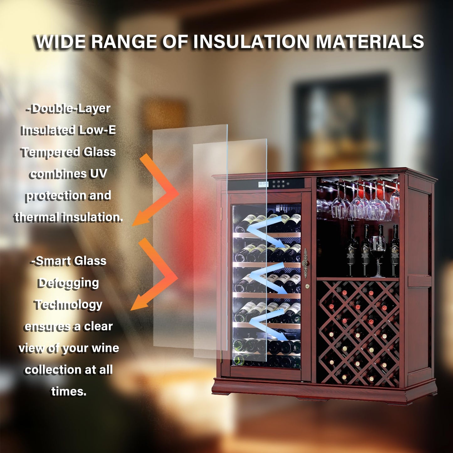 KEIKI Freestanding Wine Refrigerator with Wood Cabinet, 69 Bottle Single Zone Wine Cooler, Humidity Control Tempered Glass Door, LED Light Lockable Pull-Out Shelves, for Home Bar Kitchen, Cherry