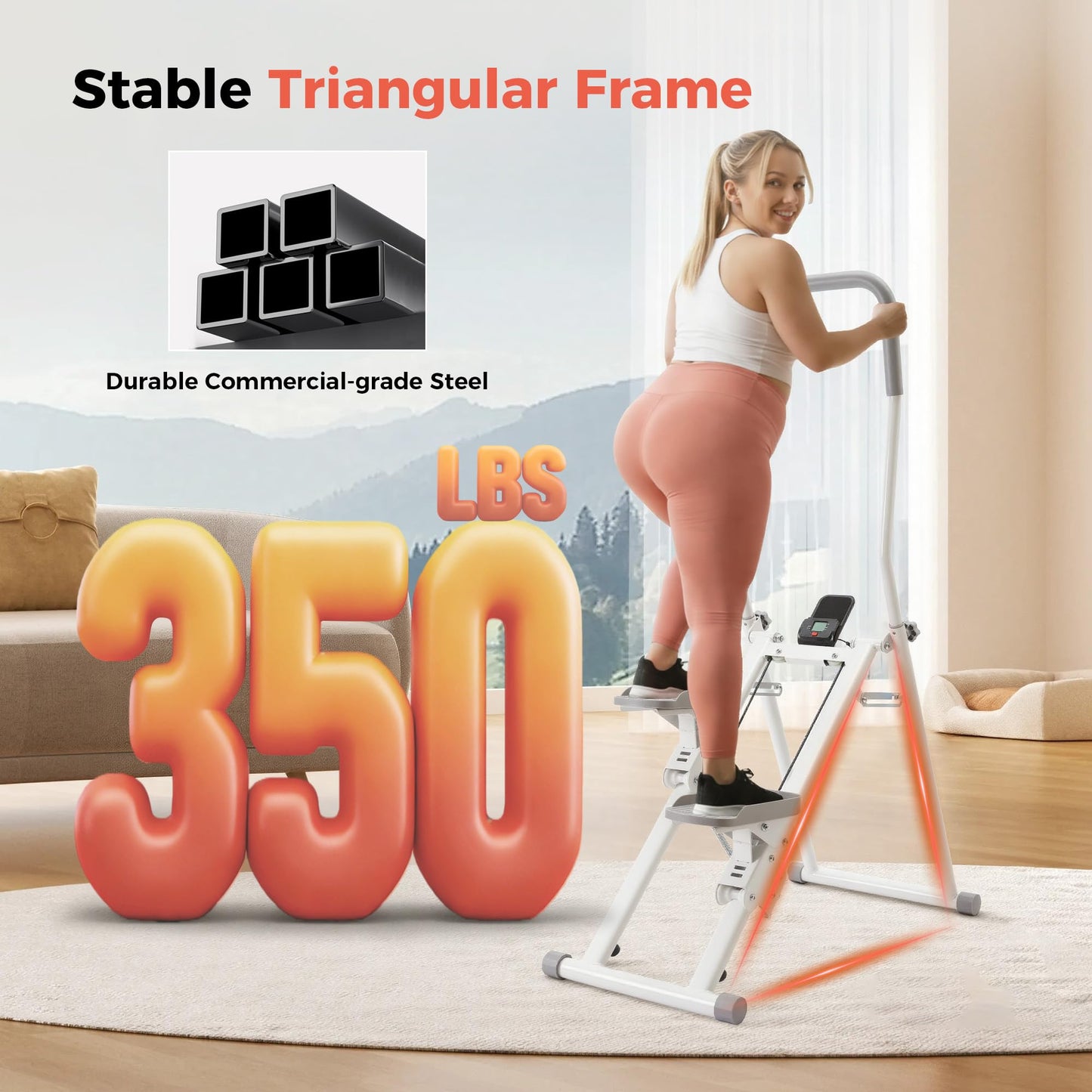 Stair Stepper for Home Gym, Foldable Vertical Climber Workout Machine, 3 levels of adjustable resistance, 350 lbs Capacity Cardio Machine, LCD Monitor, Extended and widened anti-slip footrests (WHITE)