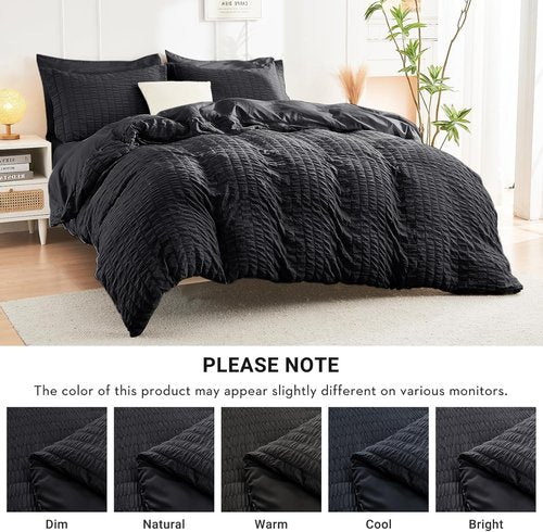 HYMOKEGE Queen Comforter Set - Black Oversized 7-Piece Seersucker Luxury Bedding | All-Season Comforter, Sheets & Pillowcases