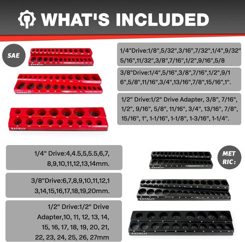 EACELIY Magnetic Socket Organizer Set - 6-Piece Holder for 1/2", 1/4", 3/8" SAE & Metric Sockets | Attaches to Tool Cart