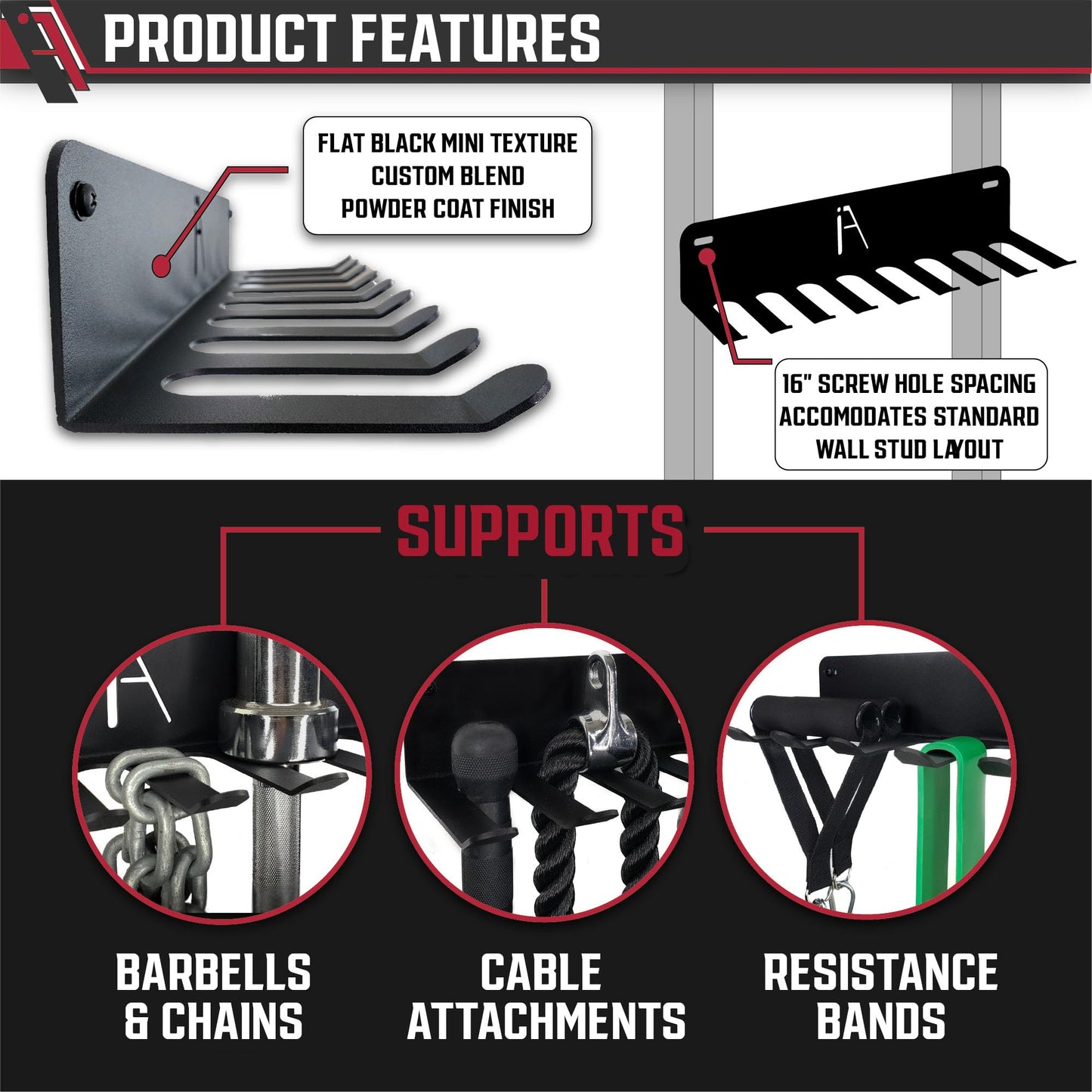 IRON AMERICAN) Gym Storage Hanger/Heavy Duty Multi-Purpose Gym Rack for Lifting Belts, Chains, Exercise Bands, Jump Ropes (mounting hardware included)