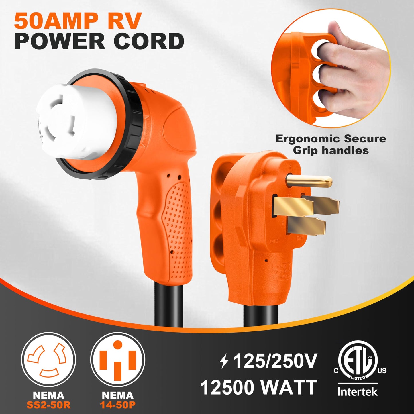 50 Amp RV Extension Cord 75 ft, Heavy Duty 6/3+8/1 SJTW AWG RV Power Cord with Grip Handle Twist Lock, NEMA 14-50P to SS2-50R with LED Indicator