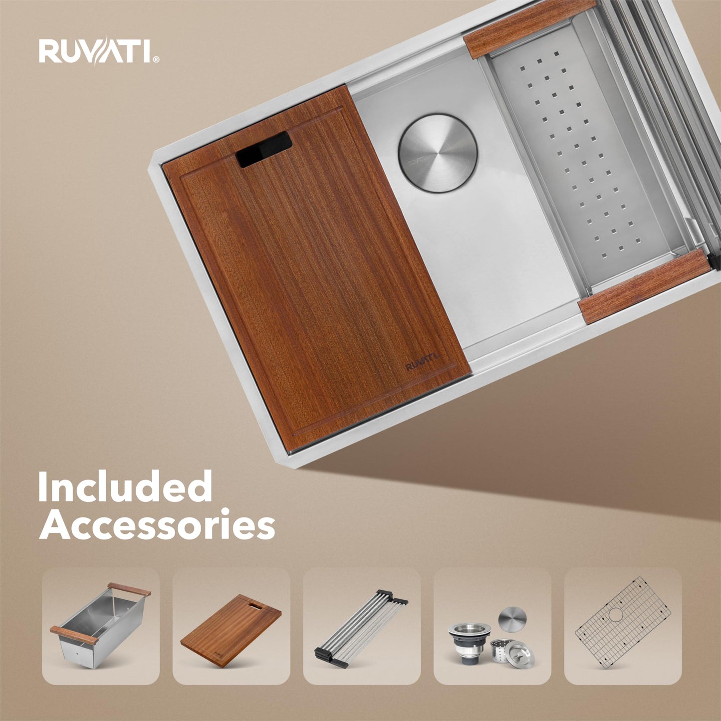 Ruvati 32-inch Undermount 16 Gauge Stainless Steel Workstation Kitchen Sink Single Bowl – Soundproof Multifunction Chef Sink with Cutting Board & Accessories, Brushed Finish Hides Scratches – RVH8300
