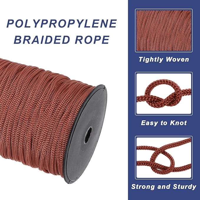 MECCANIXITY 3/16 Inch Polypropylene Rope Braided Ropes, 328ft Nylon Rope Hollow Utility Cord for Clothesline, Camping, Hiking, Outdoor, Dark Coffee