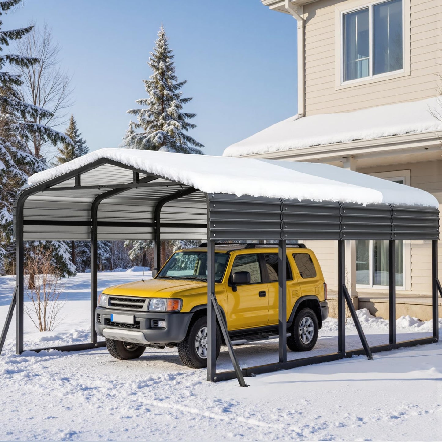 Jocoevol 12x20FT Metal Carport, Heavy Duty Car Garage w/Reinforced Support Rods and Windproof Ground Anchors, All-Weather Multi-Use Outdoor Shelter for Car, Boats and Truck