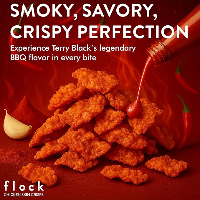 Flock Keto Chicken Skin Chips | Terry Black's BBQ Flavor | Low Carb, High Protein, Sugar Free, Gluten Free Fried Chicken Skins for People | (1oz) 8-Pack Crispy Flock Chips
