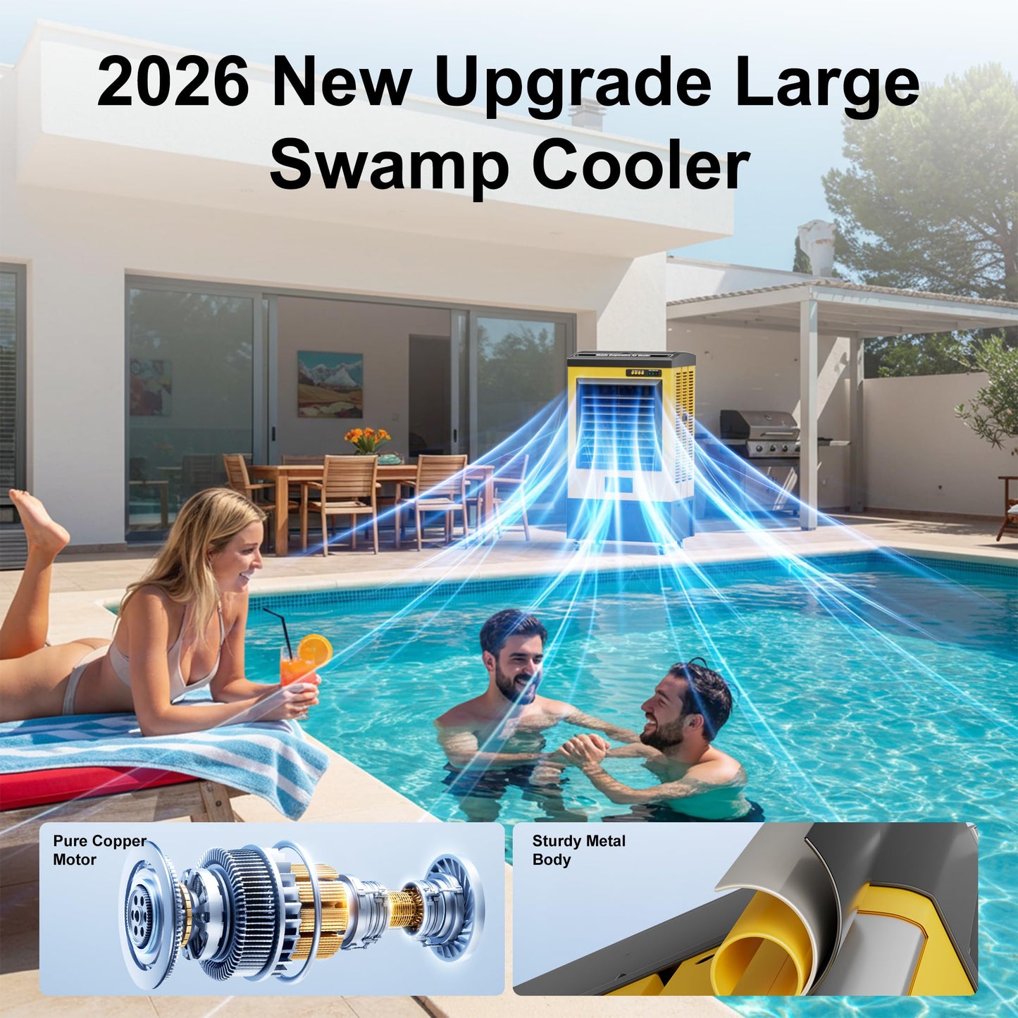 AKIRES 6500CFM Swamp Coolers,Portable Evaporative Air Cooler for 1600 Sq.ft of Space,with Continuous Auto Fill,19-Gal Water Tank,120°Oscillation,5 Ice Packs,Cooling Fan for Outdoor,Indoor Use(48IN)