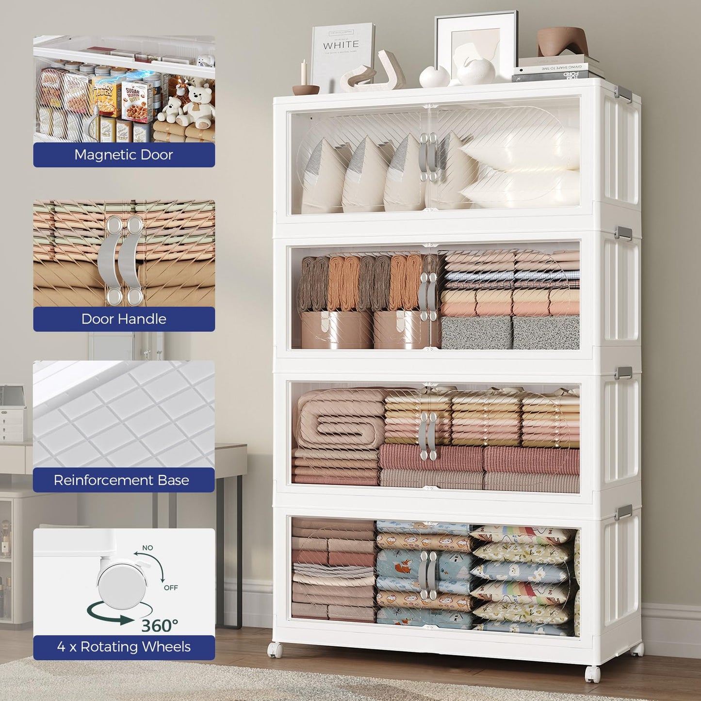 HOCRYPTA 150Gal/600QT 5-Tiers Extra Large Stackable Storage Bins with Lid, Collapsible Cabinet Closet Organizer Plastic Container Box with Wheels Doors Drawers for Living Room Kitchen Office, White