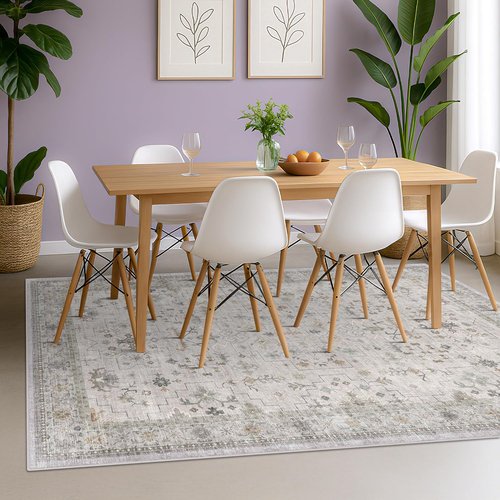 Hazo Haus Boho Light Grey 5x8 Area Rug - Modern Vintage Floral Design, Washable Non-Slip for Living Room & Nursery