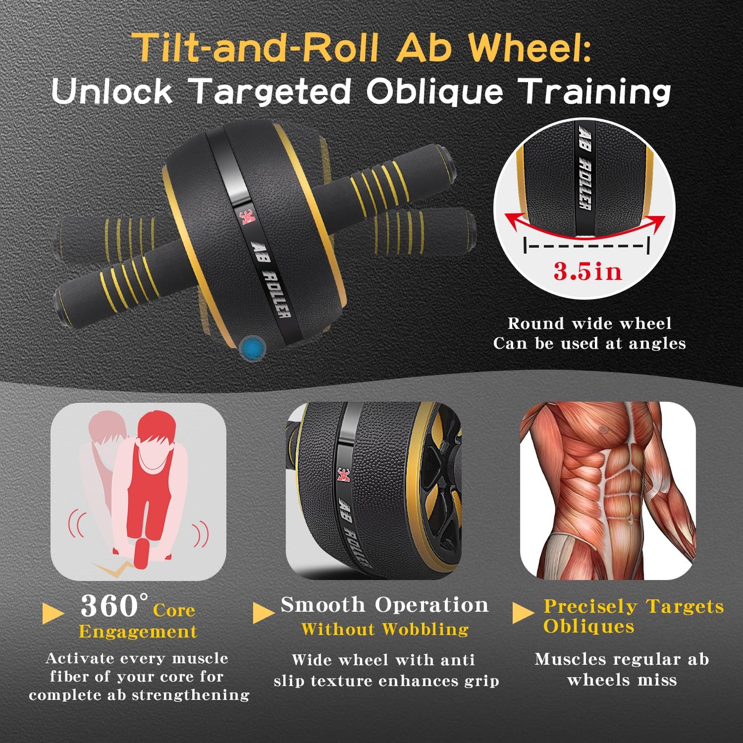 FEELCAT Ab Roller Wheel,Stable Wide Wheel For Beginner,Men,Women,Abs & Core Workout Equipment For Home Gym With Knee Pad,Abdominal Wheel For Full-Body Strength Training (Yellow curved wheel)