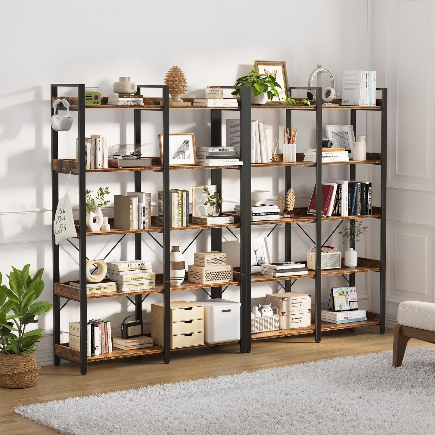 Seventable Bookshelf 5 Tier with 4 Hooks, 63” Industrial Wooden Bookcase, Vintage Storage Rack with Open Shelves, Rustic Standing Bookshelves Metal Frame 43.3” Wide Display Rack, Rustic Brown