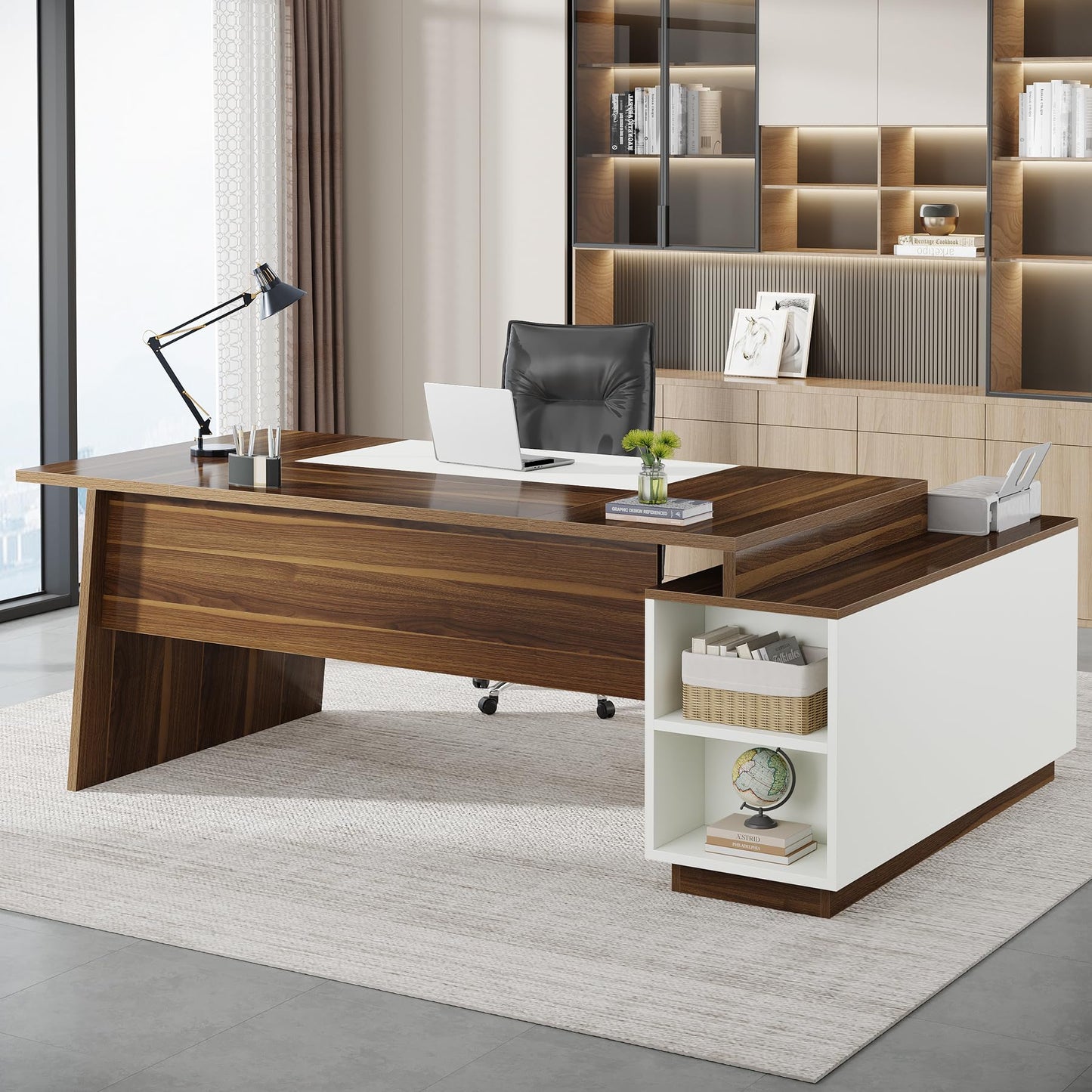 Tribesigns L-Shaped Executive Office Desk, 70.5-Inch Mid-Century Modern Executive Desk with Storage Cabinet and Shelves, Large Computer Desk for Home Office, Brown + White