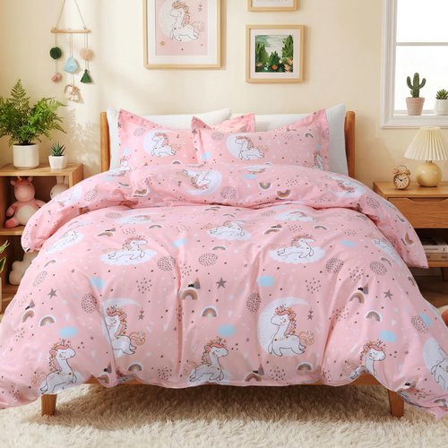 JSD Pink Unicorn Kids Duvet Cover Set Twin Size, 2 Piece Girls Print Microfiber Comforter Cover with Pillow Sham Zipper Closure, Comforter Not Included
