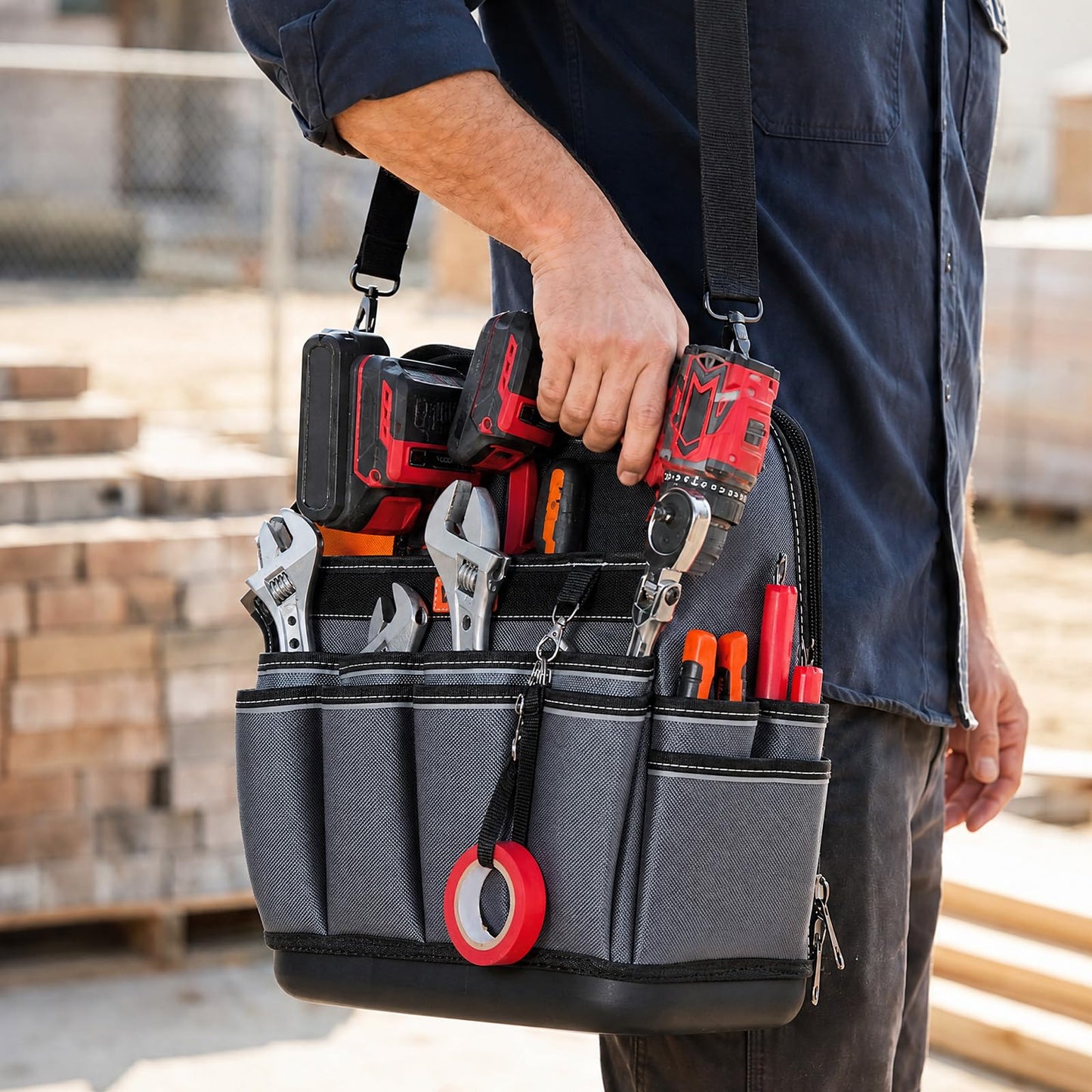 VEVOR Tool Bag, 13.2 Inch, 39-Pocket Open Top Tool Pouch, Portable Electrical Maintenance Toolbox Organizer Storage with Hard Plastic Base, Adjustable Shoulder Strap, for Professionals DIY & Jobsite