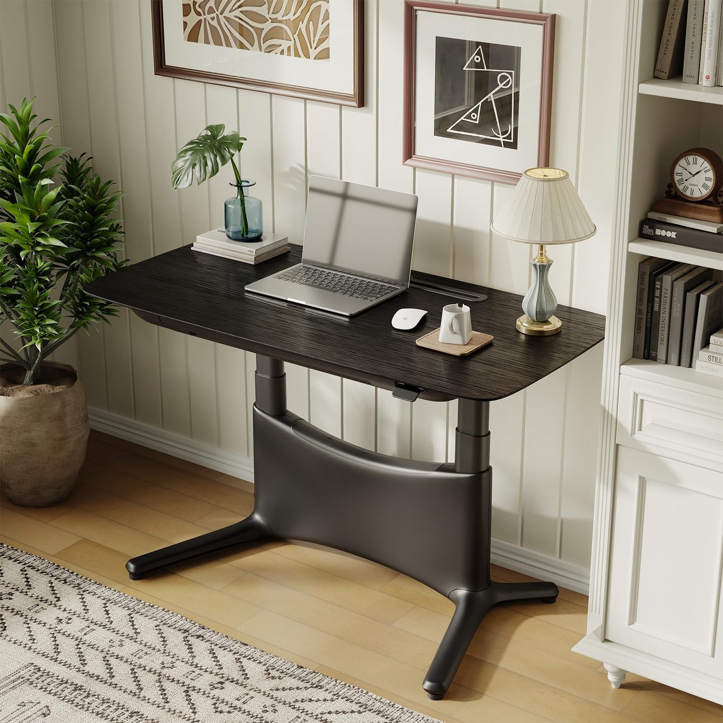 COLAMY Electric Adjustable Standing Desk – 48 x 28 Inch Sit Stand Desk with Drawer & Cable Management, Dual Motor Lift System, Ergonomic Footrest, Home Office Table (Veneer Desktop, Black Oak + Black)