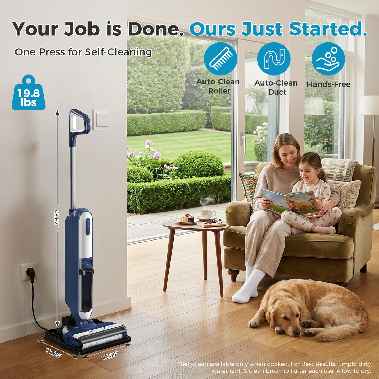 DUMOS Wet Dry Vacuum Mop, Cordless All-in-One Floor Cleaner with Auto Self-Cleaning, Dual-Edge Cleaning, Tangle-Free Brush & Dual Water Tank Design, 35-Min Runtime for Hard Sticky Messes & Pet Hair