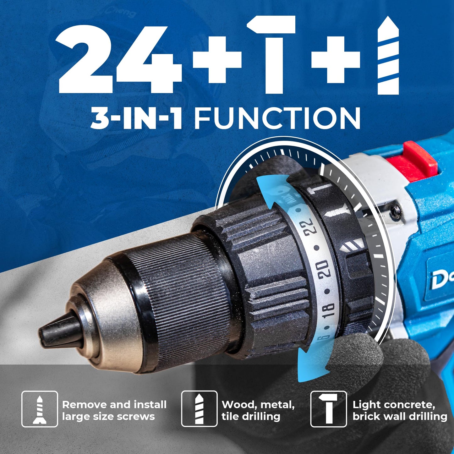 Dong Cheng 20V Brushless Hammer Drill, 1062 in-lbs, 1/2" Keyless Metal Chuck, 24+1+1 Clutch, Cordless Hammer Drill with 4.0Ah Battery Kit for Drilling Brick Wall, Metal, Wood