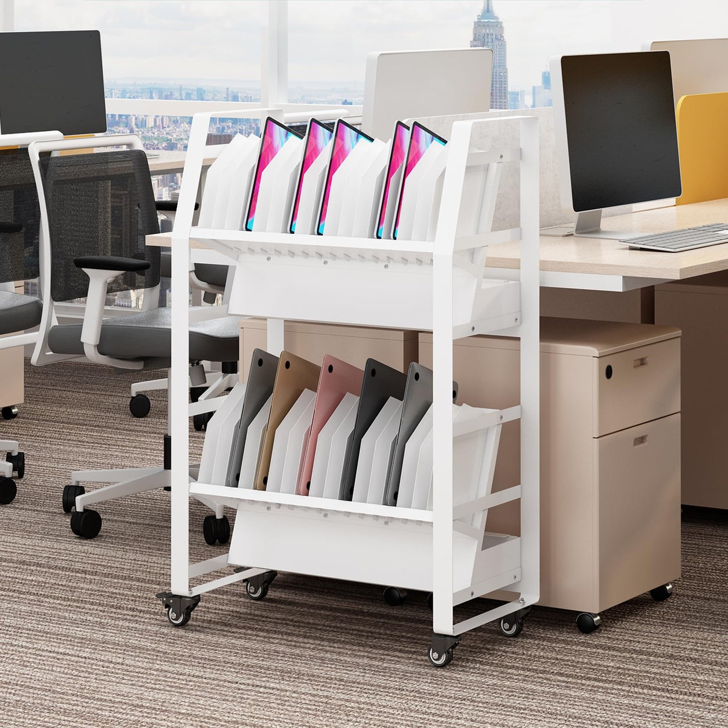 Hymula 32-Device Mobile Charging Storage Cart with Lockable Wheels, 2 Power Strips, Charging Station with Removable Dividers & Cable Management for Laptops, Tablets, iPads, Chromebook for Classroom