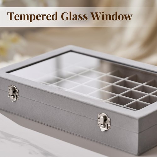 48 Grid Earring Organizer and Storage: Velvet Jewelry Tray with Lid, Jewelry Box for Studs, Earrings, Rings, Necklaces, Dresser & Vanity, Earrings Case Organizer for Girls, Women, 13"x8.6"x2.4", Grey