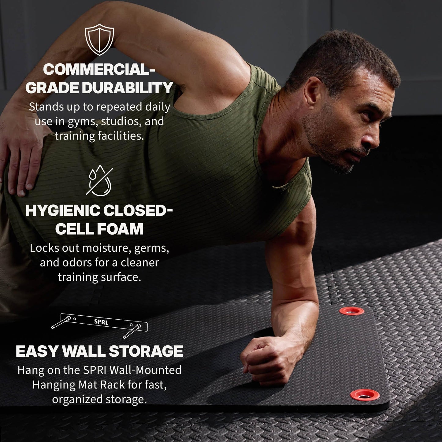 SPRI Hanging Exercise Mat, Fitness & Yoga Mat for Group Fitness Classes, Commercial Grade Quality with Reinforced Holes, 71"L x 23"W x 3/8" Thick