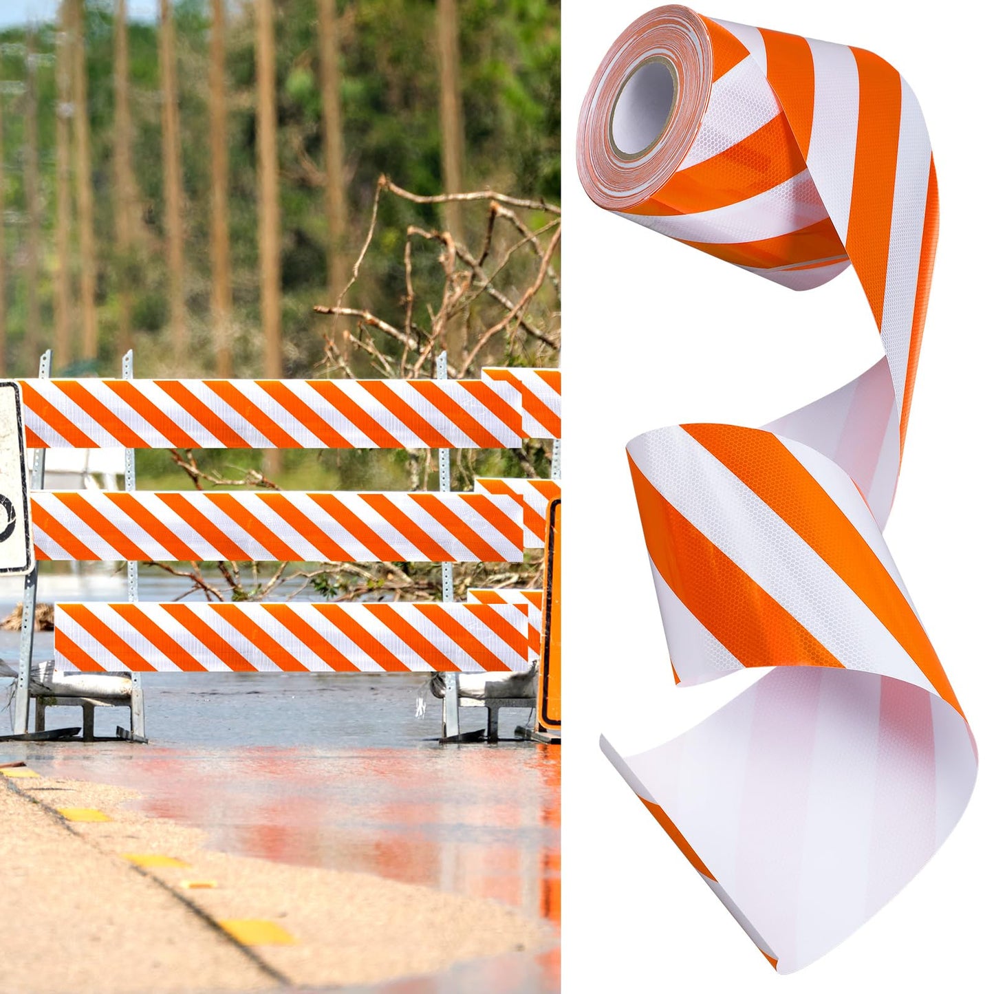 Klyyo Clyro Reflective Barricade Tape - 8" x 50 yd Orange White Stripe Engineering Grade High-Visibility Warning Safety Marking Sheeting for Outdoor Waterproof Hazard Conspicuity