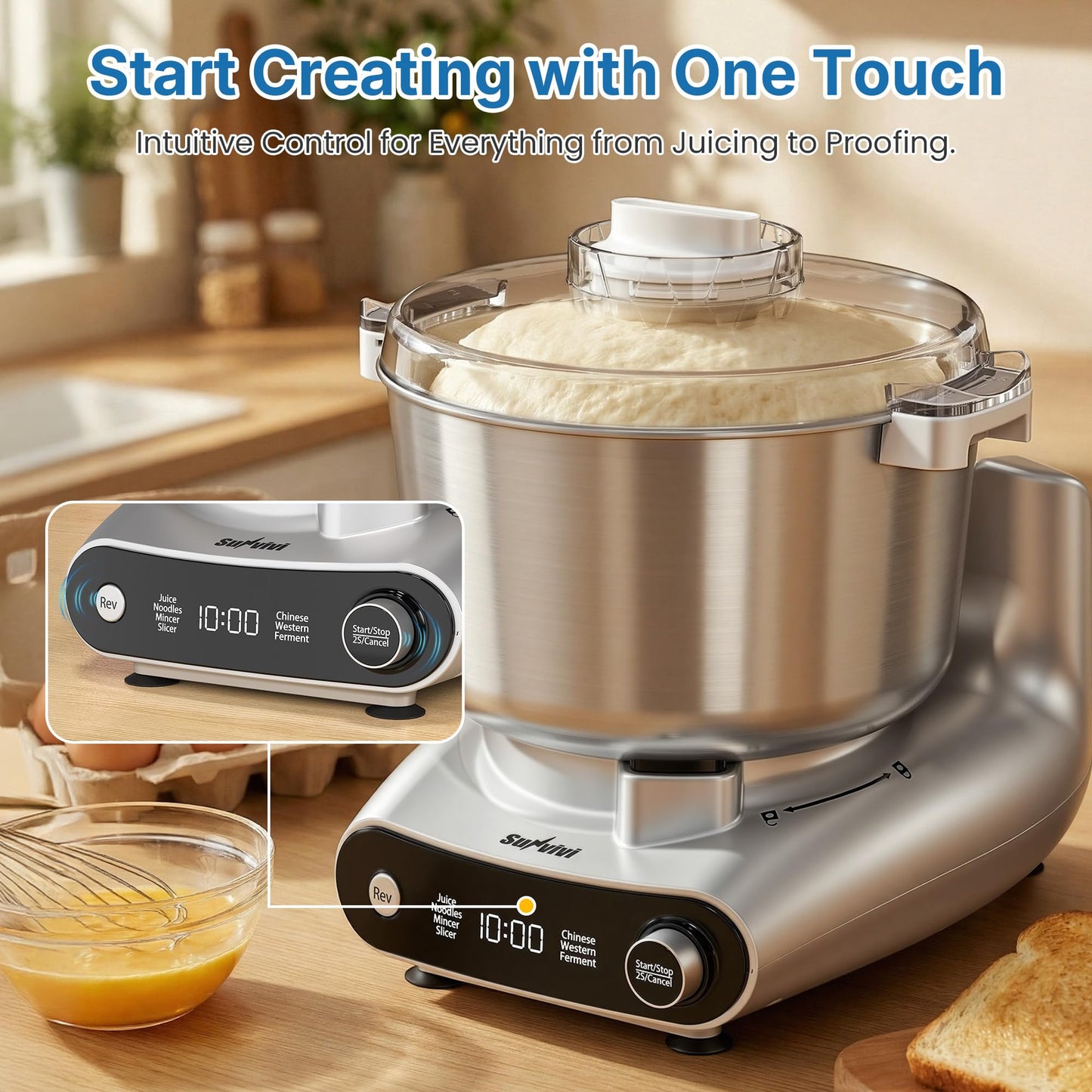 SUNVIVIPRO 5.3QT Electric Dough Mixer, 4-in-1 Multifunction Stand Mixer with Fermentation & LED Display & Knob Control, Slow Juicer, Meat Grinder, Salad Maker for Kitchen
