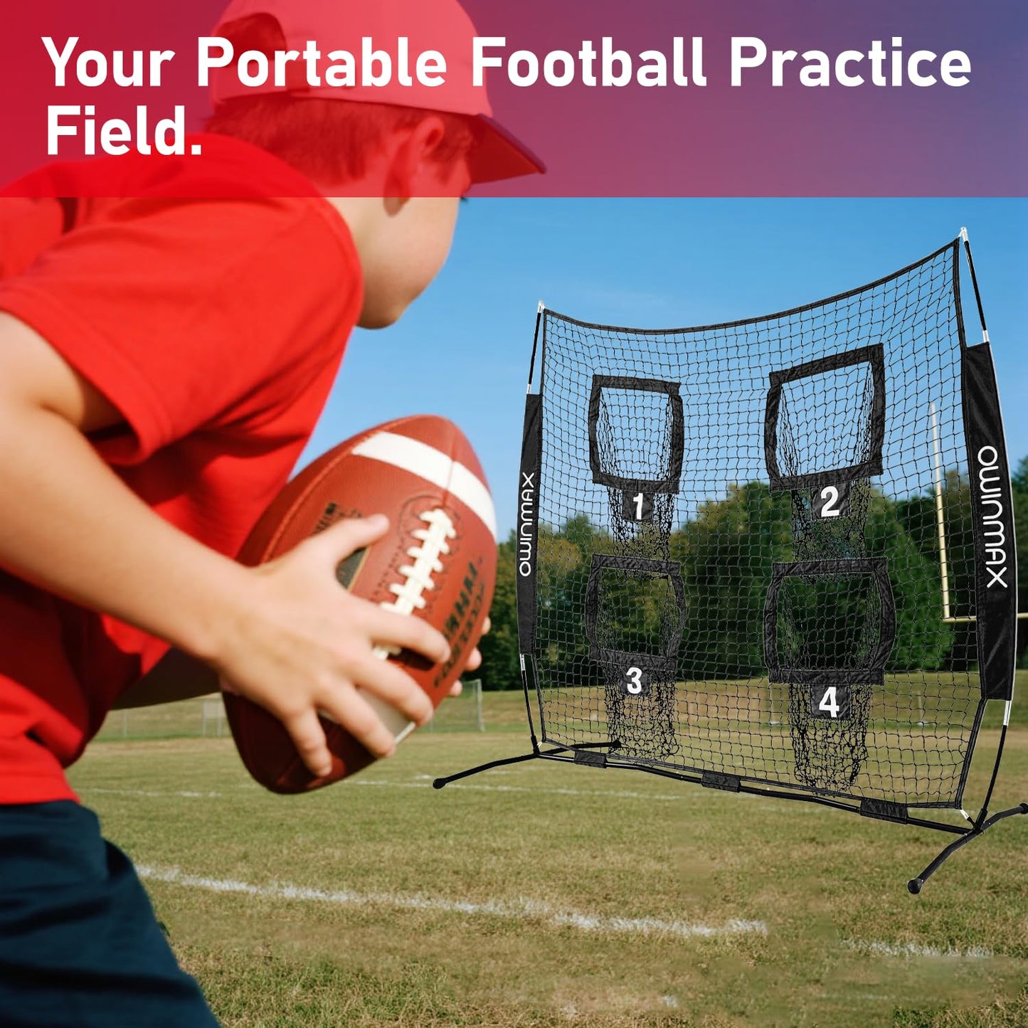 Owinmax 6x6 ft Football Trainer Throwing Net, Training Target Practice with 4 Targets, Includes Carry Bag and Ground Stake, Black and Red, Great for Kids and Youth