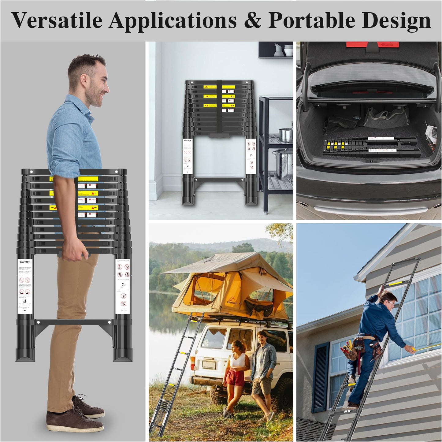 Telescoping Ladder, 12.5 FT Aluminum Extension Ladder, Collapsible & Adjustable, 330 lbs Capacity, Compact Retractable Ladder for House, Roof, RV & Travel Trailer