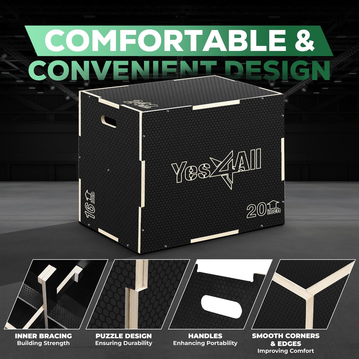 Yes4All 3 in 1 Non-Slip Wooden Plyo Box, Step Up Box for Workout, Plyometric Jump Box for Skipping, Jumping, Lunges, Squats, Dips, 16" x 14" x 12", Black