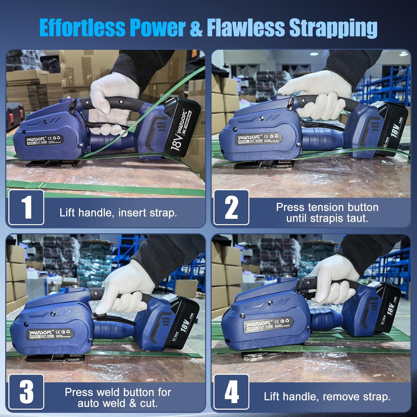 SWANSOFT Electric Strapping Tool, 3200N Adjustable Tension Electric Strapping Machine for 0.51" - 0.63" PP/PET Straps 18V 2x4Ah Battery Powered Automatic Banding Tool, with Plastic Case
