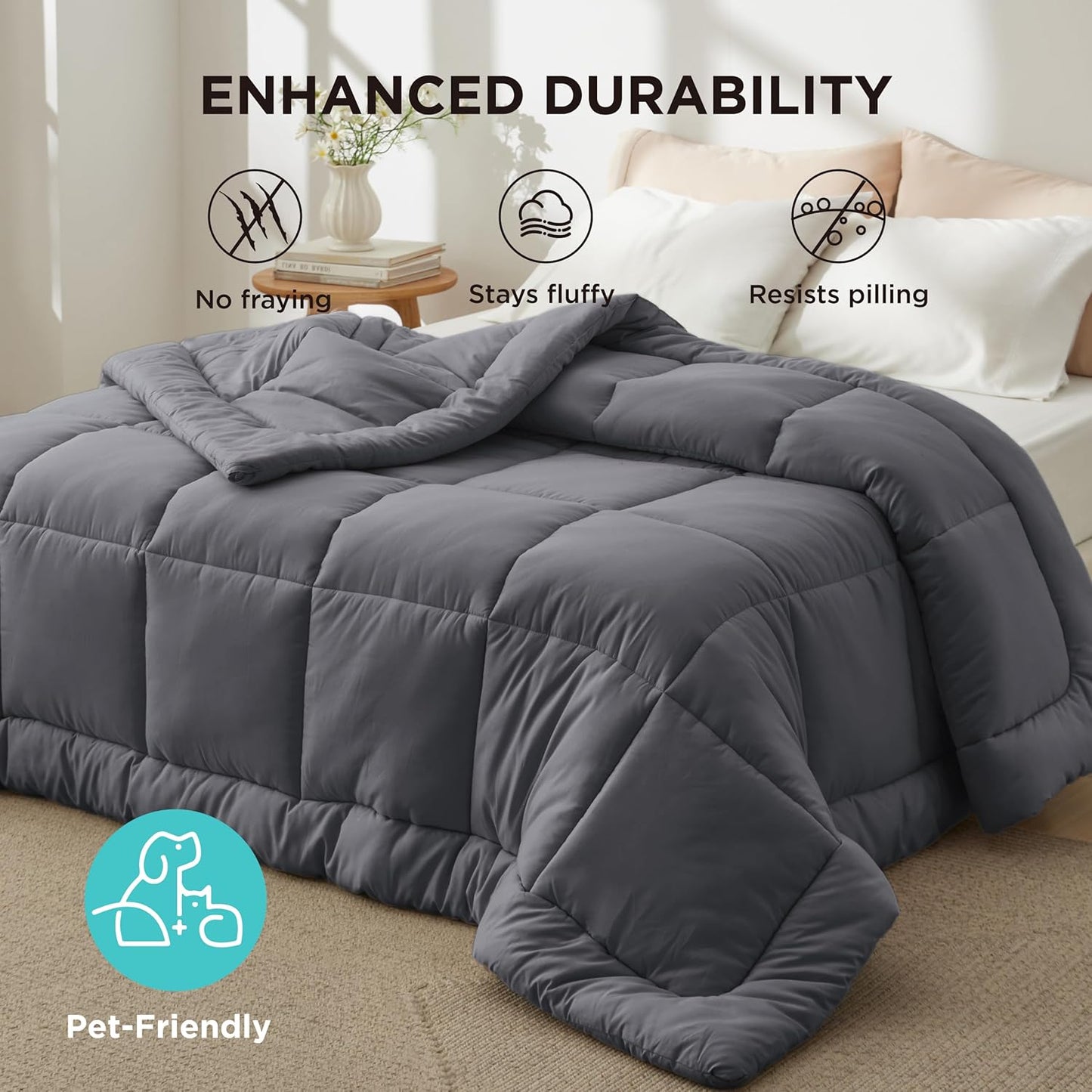 Bedsure Comforter Duvet Insert - All-Season Queen Size Down Alternative Blanket, Dark Grey, 90x90 Inches