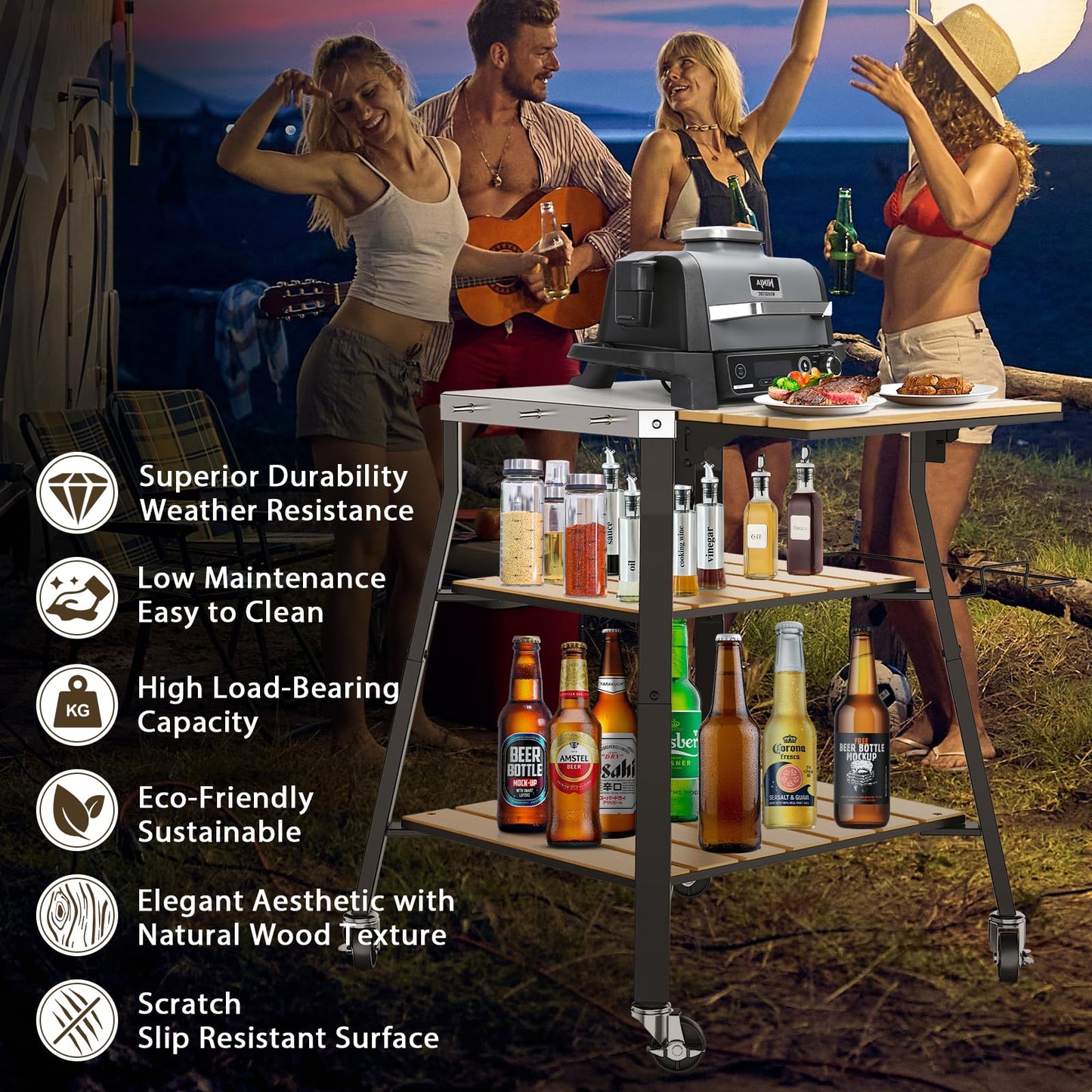 Pizza Oven Stand & Shelf for Solo Stove Pi Pizza Oven, Outrdoor XSKUNStand for Ninja Woodfire, Kitchen Table for Cooking with Stainless Steel Top, WPC Storage Shelves, Lockable 360° Swivel Wheels