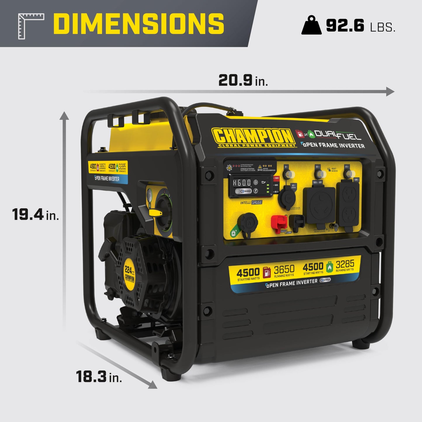 Champion Power Equipment 4,500-Watt Electric Start Dual Fuel RV Ready Portable Open Frame Inverter Generator with Quiet Technology and Free 3-Year Warranty