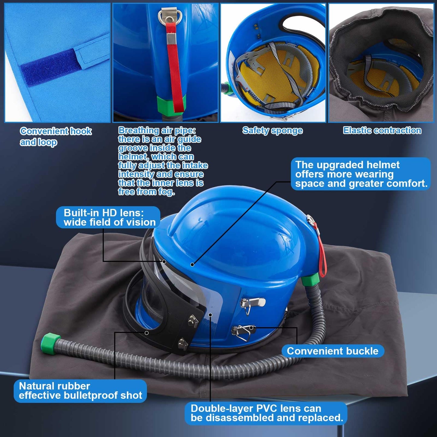Saysurey Sandblasting Helmet Full Face Sand Blast Hood with 5 Pcs Replaceable Outer Lens Safety Protective Air Feed Sandblaster Helmet with Air Supply Hose, for Industrial