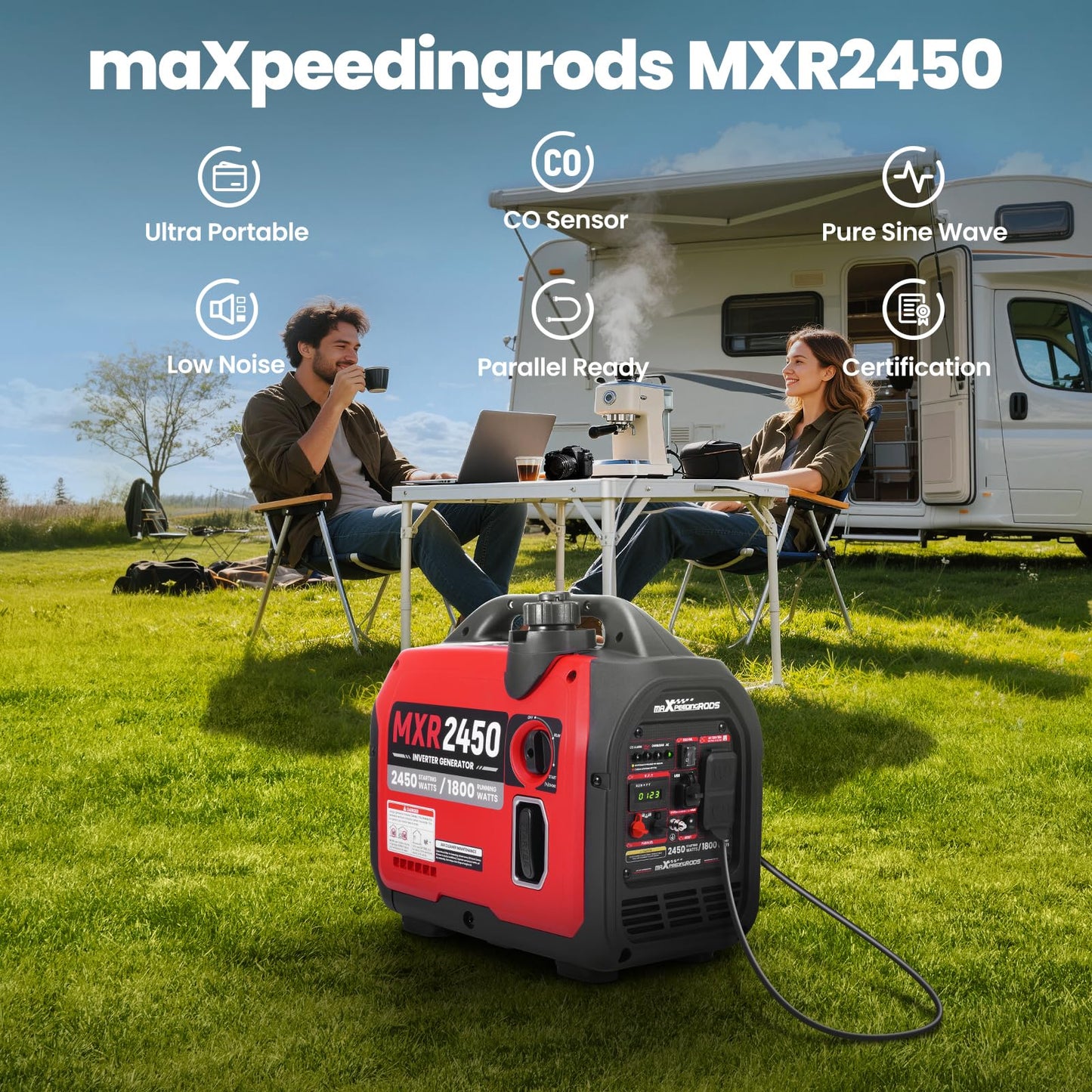 maXpeedingrods 2450 Watt Portable Inverter Generator, MXR2450 Quiet Gas Powered Generator for Camping, RV Ready, Home, Lightweight & Compact, 17kg