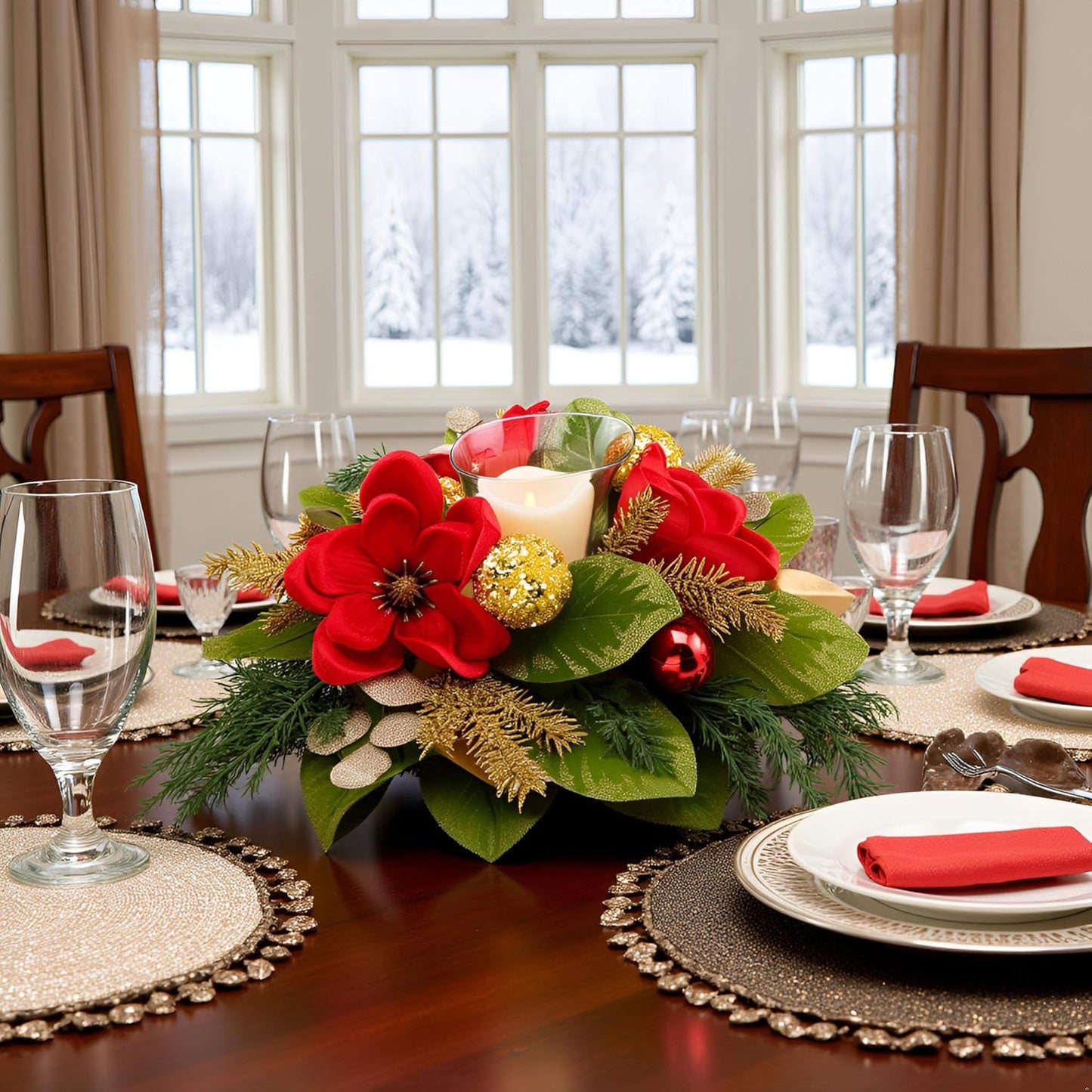 Skiennix 18" Centerpiece - Flameless LED Candle Holder with Red Magnolia & Gold Baubles for Holiday Decor
