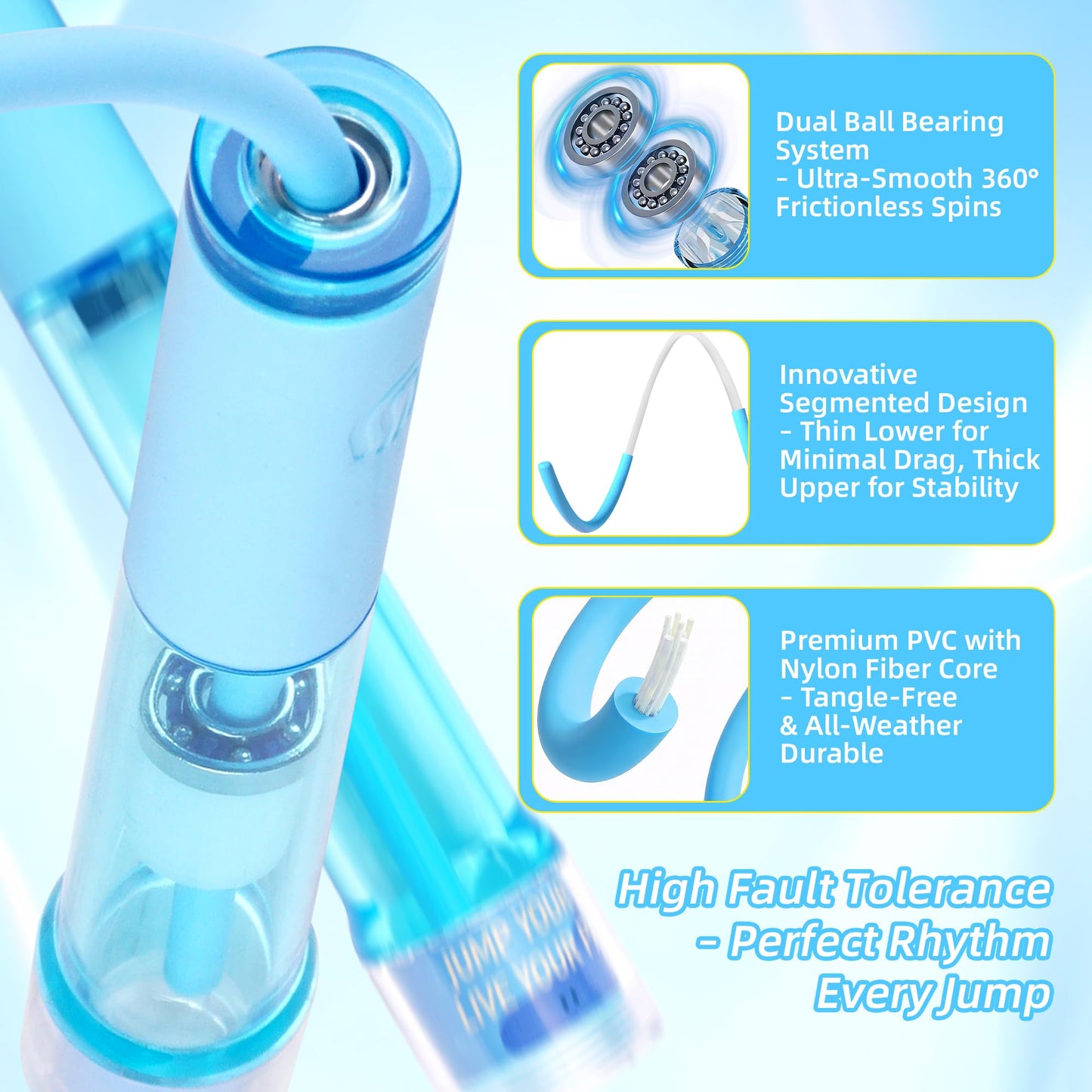YUEDONG Kids' Double Bearing Jump Rope - Adjustable 2.8m Durable PVC Skipping Rope with Anti-Slip Grip & Fingerprint Grooves for Boys & Girls, Smooth Fast Spin for Home Exercise & School PE (1, BLUE, 280MM)