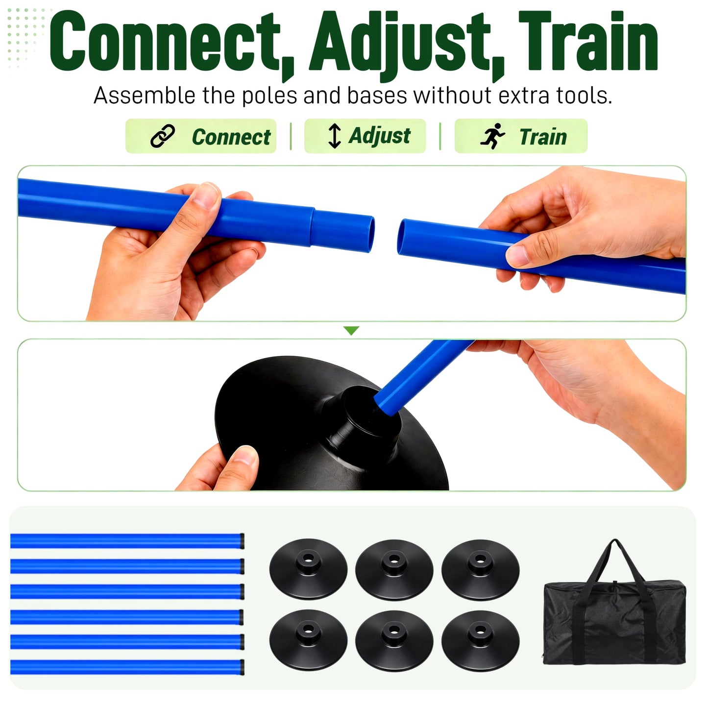 6 Pack Soccer Agility Training Poles, 5 FT Adjustable Speed and Agility Training Equipment for Football/Basketball/ Dog Practice, Bending Poles for Horses with Rubber Bases and Carry Bag (Blue)